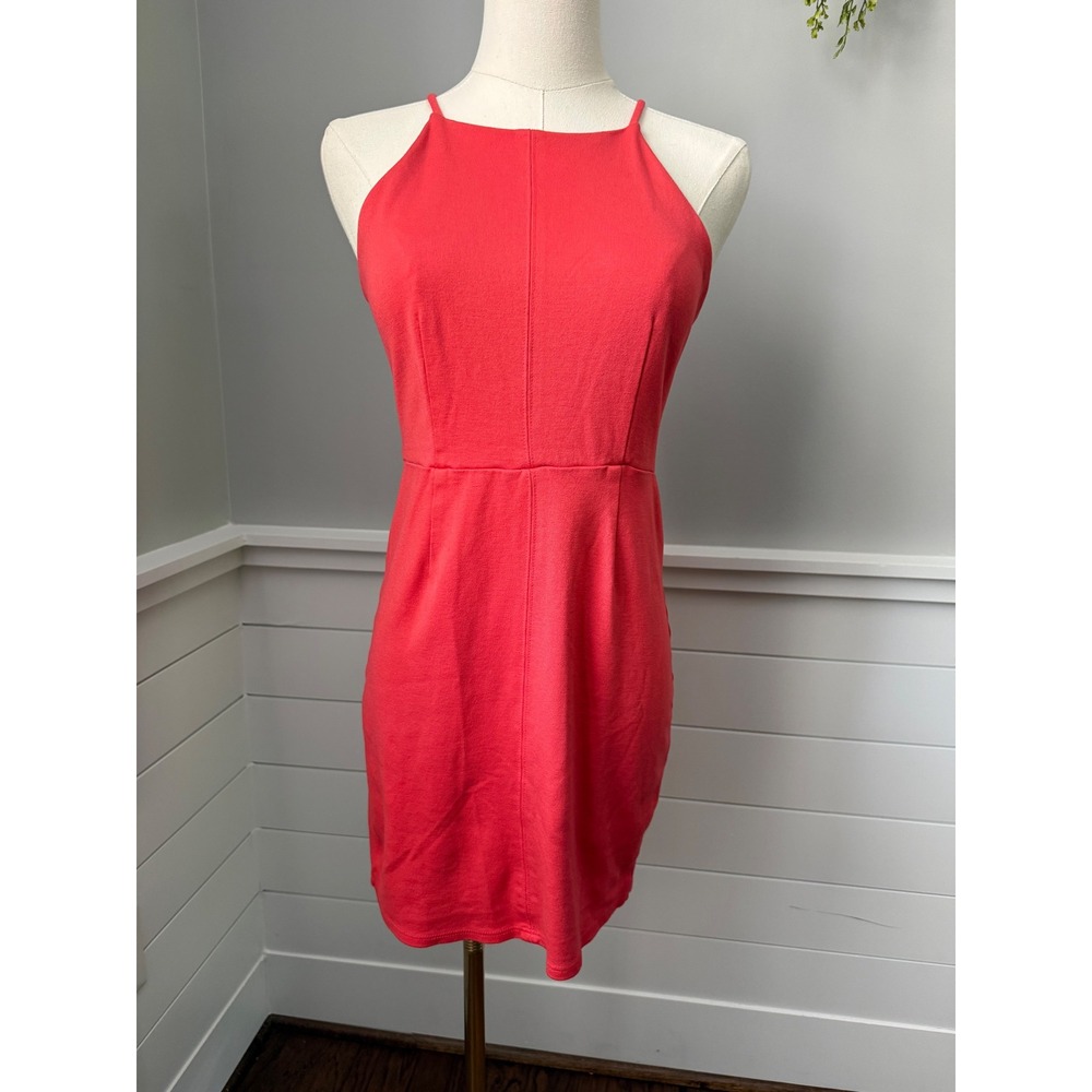 Monteau Mini Dress High Neck Bodycon Sleeveless Coral Pink XS